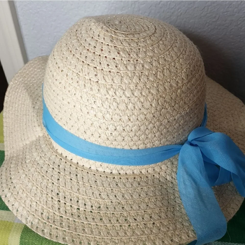 Floppy Wide Brim Summer Sun Beach Hat Natural Color Blue Ribbon Paper